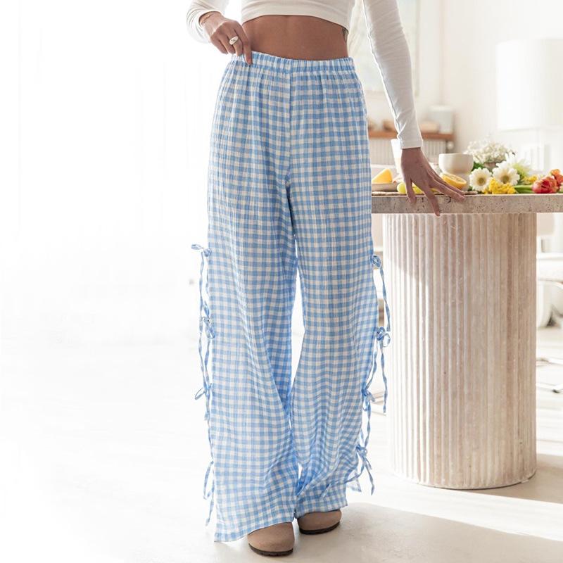 Pantalon Long Décontracté d'Automne pour Femmes à Taille Élastique, Imprimé Plaid, avec Lacets à Nouer