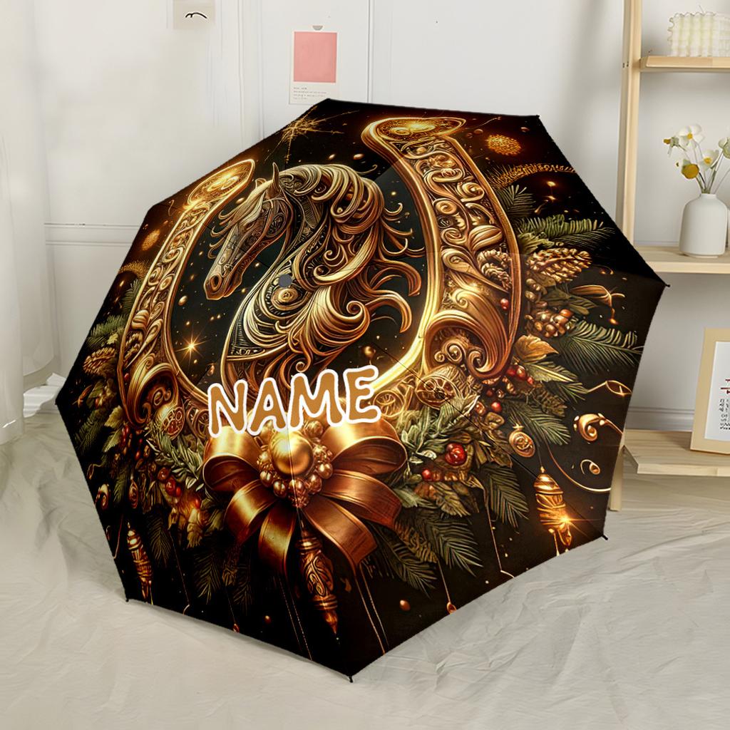 Golden Horse A Festive Christmas Ornament Compact Travel Automatic Umbrella Sturdy 8Rib Shaft Compact Design Allseason Women'S Umbrella For Travel