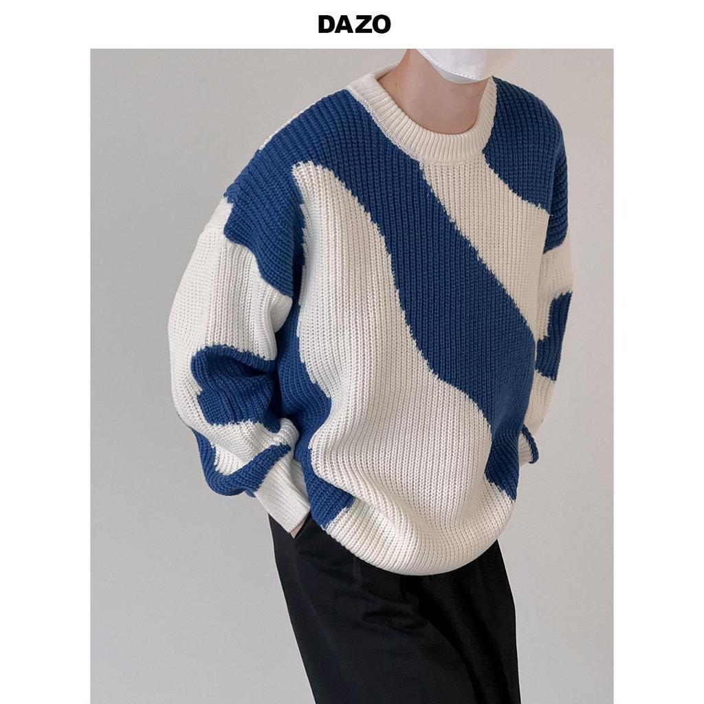 Boys' Contrast Color Knitted Pullover Sweater - Lazy Style, Loose Fit, Autumn/Winter, Korean Style