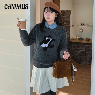Top Maglione Lavorato a Maglia Taglie Forti da Donna Ricamato Gatto Carino Età Snellente