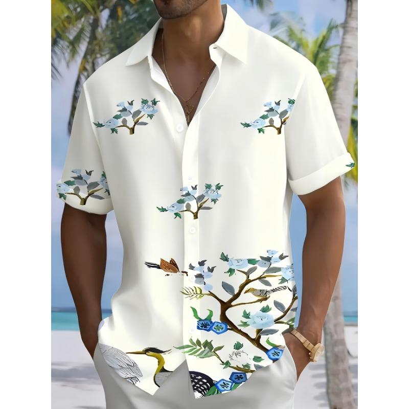 Men S Hawaiian Shirt Short Sleeve - Tropical Button-Front Placket Collar Shirt with Full-Body Hibiscus/Tropical Print XS