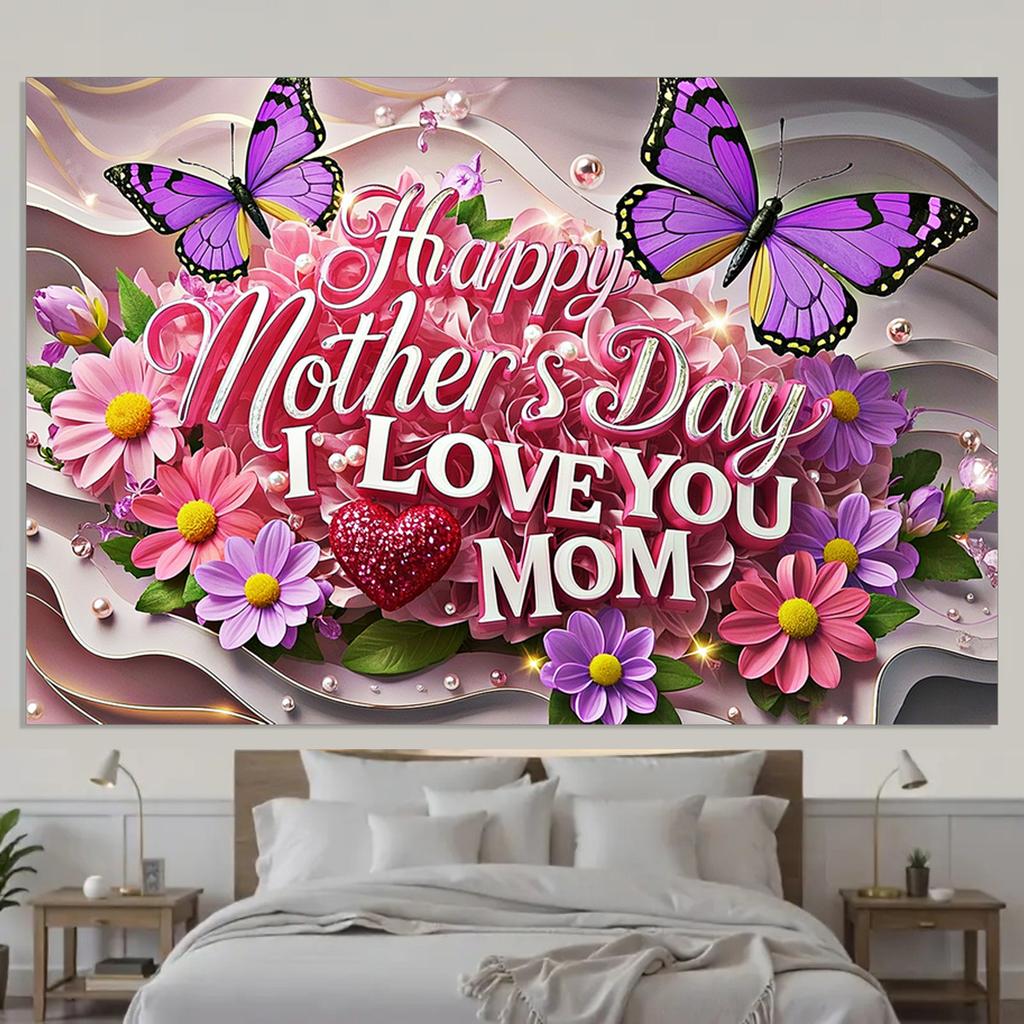 Mother's Day Floral Backdrop with Floral&Butterfly Element Design,Wall Decor,Gift,Festive Wall Covering,Rustic Background