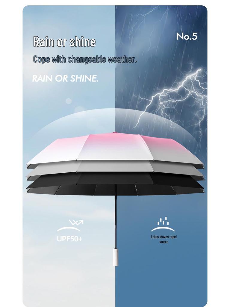 12-Rib Automatic Folding Gradient Sun & Rain Umbrella, Black Glue Anti-UV Protection