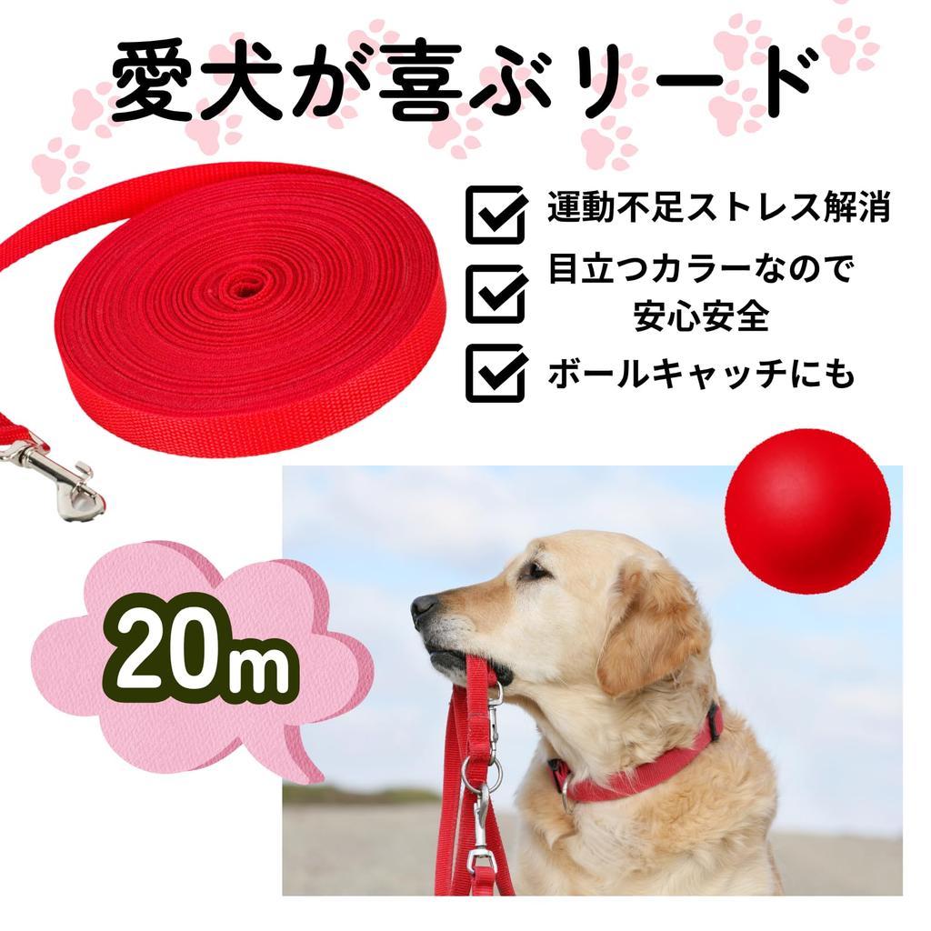 Long Leash 20m for Dogs and Training Ideal for Pet Outdoor Dog and Recall Training [KOREWA] Cats, Leash, Walks, Use, Parks, (Red)