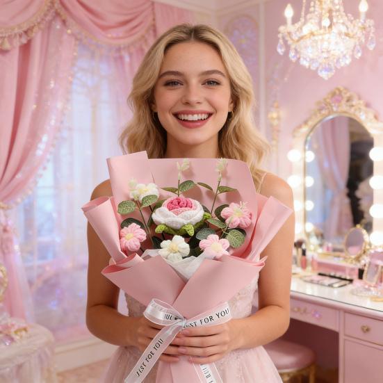 Crochet Flower Bouquet Handmade Completed Knitted Rose Puff Flowers for Valentine's Day Mother's Day