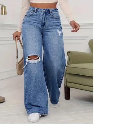 Damenjeans Denimhose Weiter Bein Vintage Used Zerrissen Hose 2026 Streetwear Gewaschen Taschen Bodenlang Loch Jeans