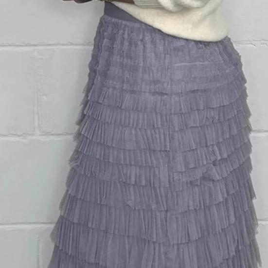 Women Midi Skirt Elastic High Waist Multi Layer Mesh Yarn Long Skirt Solid Color Slimming Style Versatile Skirt