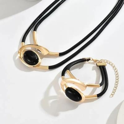 2 Pcs/Set Layered Design Necklace Bracelet Set Geometry Pendant Necklace Bohemian Jewelry  for Women