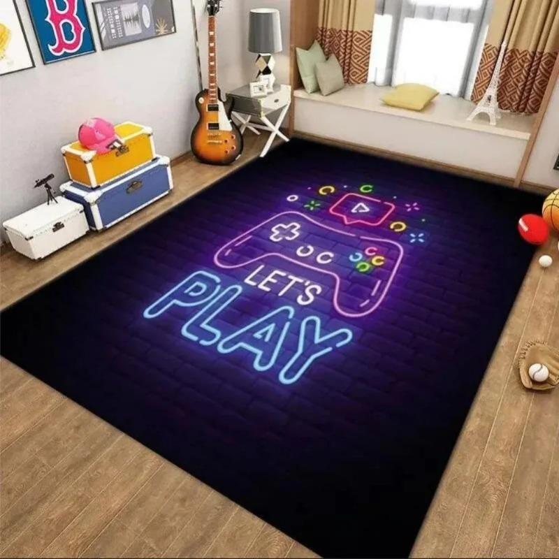 

Neon Game Controller Themed Living Room Large Carpet Black Colorful Graffiti Style Gamepad Pattern Anti-slip Rug for Home Decor 40x60cm