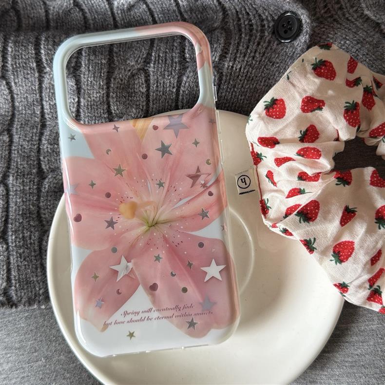Korean Style Star Powder Lily Flower Phone Case for iPhone 17 Pro Max - Heart Design, Anti-drop, Suitable for iPhone 14, 15, and Apple 16.