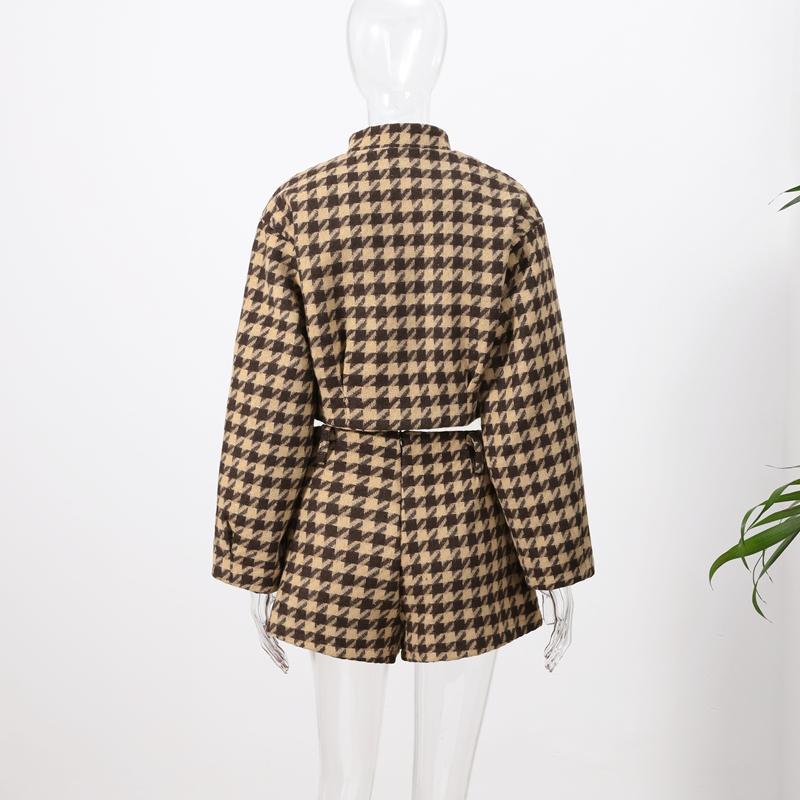 Plaid Short Jacket Shorts Suits Women Vintage Stand Collar Long Sleeve Zipper Coats With High Waist Shorts Street Ladies Outfits