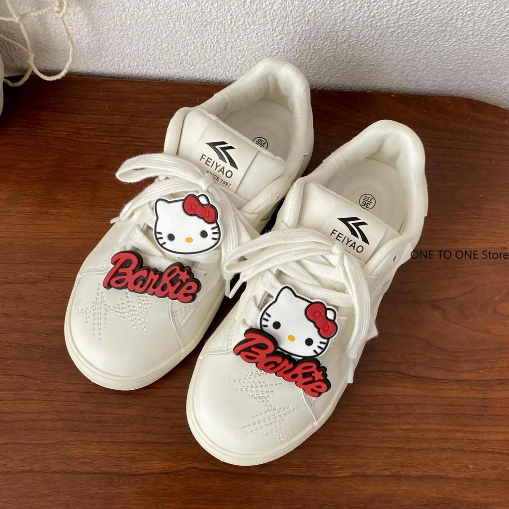 Fashion 2025 Summer New Cartoon HelloKitty Versatile White Shoes Women Low Top Casual Round Head Board Shoes for Girls' Daily Flat Shoes