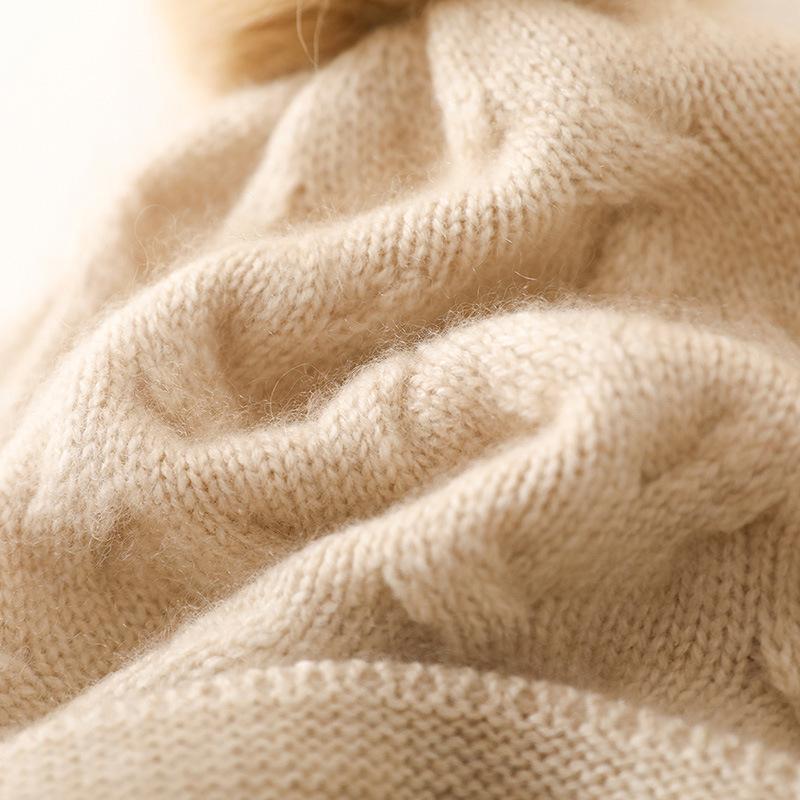 Cashmere Autumn and Winter New Style Women's High End Solid Color Cable Fur Ball Thickened Warm Fashion Knitted Casual Hat
