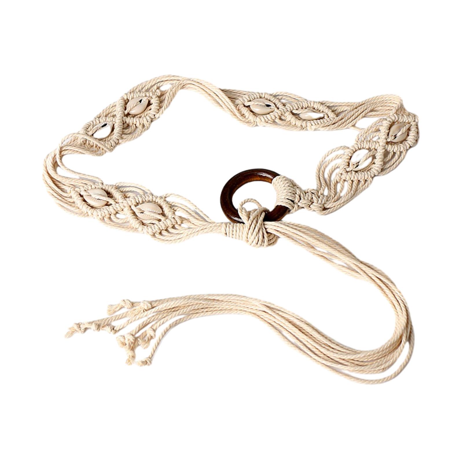 

Женский плетеный пояс на талию, винтажный тонкий богемный пояс с бусинами, декоративный крутой пояс для платья-рубашки бежевый