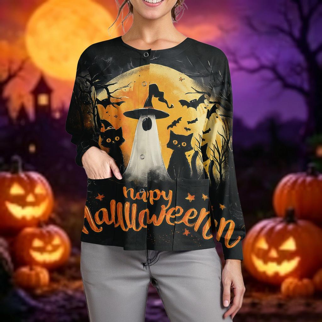 Women's Casual Long Sleeve Single Breasted Halloween Print Caregiver Cardigan Top Lightweight Comfortable Fit