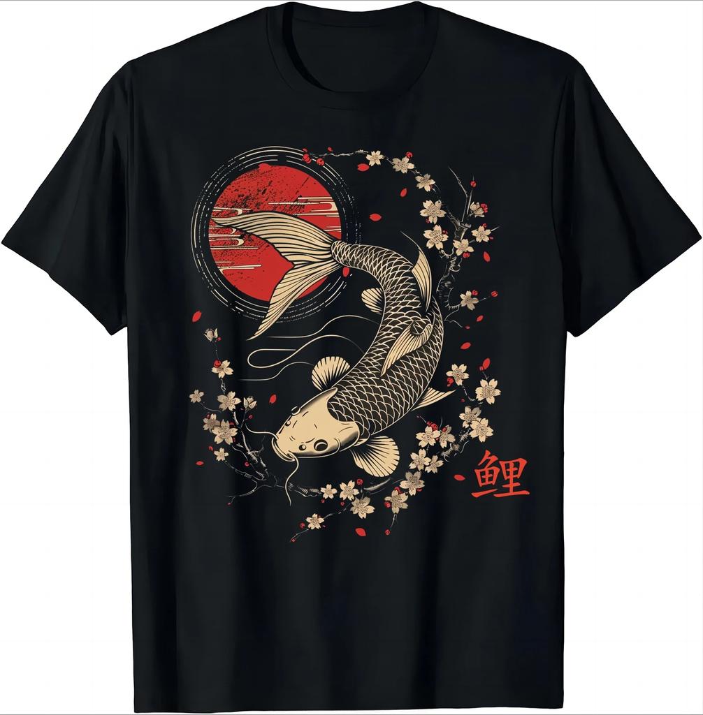 Sakura Koi Fish Japanese Sakura Pattern Art T-shirt Fashion O-neck Top T-shirt Women's Cotton Printed T-shirt Fashion Harajuku