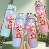 1PC Cute Pink Teddy Bear Cartoon Print 750ml Color Plastic Sports Water Bottle Leakproof Flip Straw Lid Suitable for Sports Office Home Use