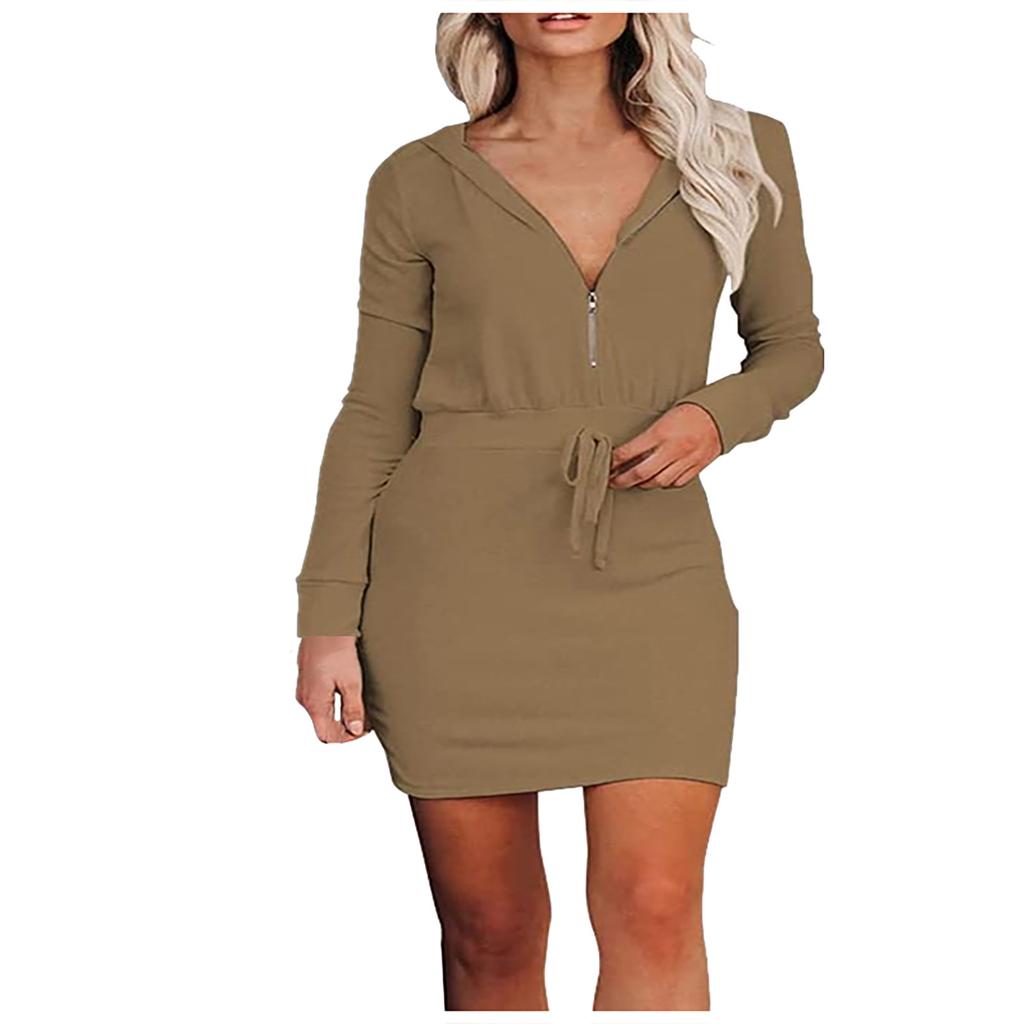 Moda damska Casual Solid Color Zipper Sukienka z długim rękawem i kapturem