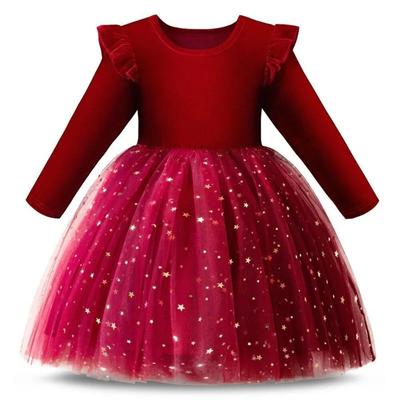 Baby Girls Star Sequins Princess Dress Christmas Performance Στολή Velvet Mesh Patchwork Πρωτοχρονιάτικα βραδινά φορέματα για πάρτι για παιδιά