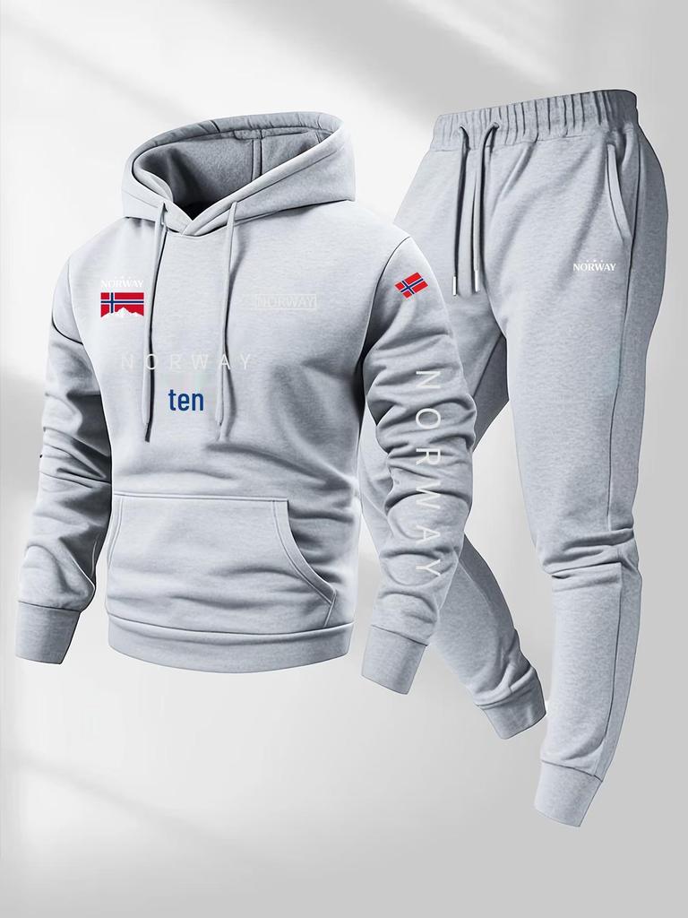 Erkek Sınır Ötesi Moda Spor Takımı - İlkbahar/Sonbahar Baskılı Bol Kapüşonlu Sweatshirt & Pantolon
