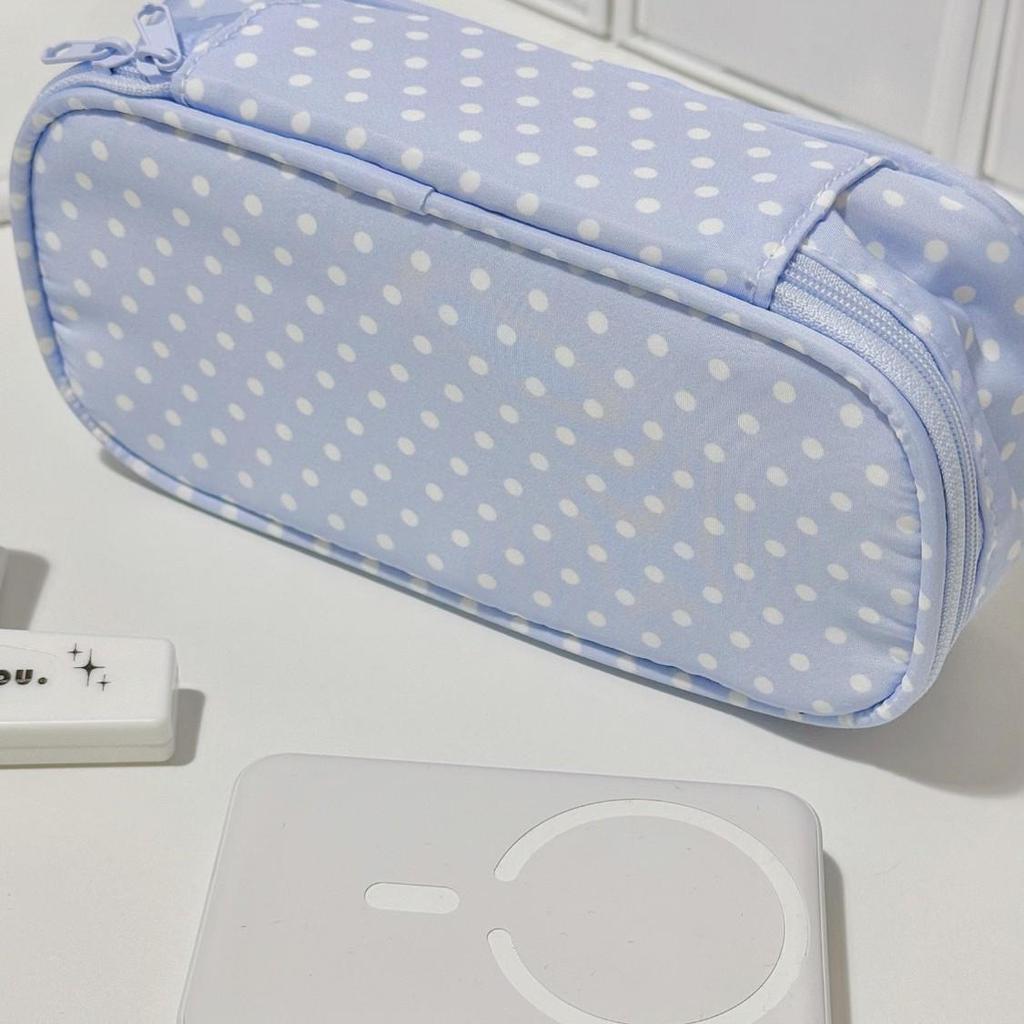 Blue Polka Dot Pencil Case - Cute Japanese Style, Large Capacity Storage for Stationery & Cosmetics
