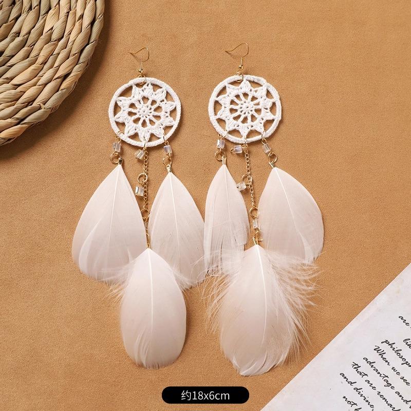 Bohemian Feather Earrings White Long Vintage Personality Tassel Women's Holiday Earrings