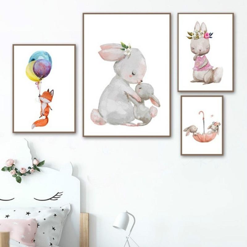Watercolor Rabbit Fox Balloon Flower Posters Wall Art Canvas Painting Simple Nordic Prints Cartoon Animal Pictures Kids Room