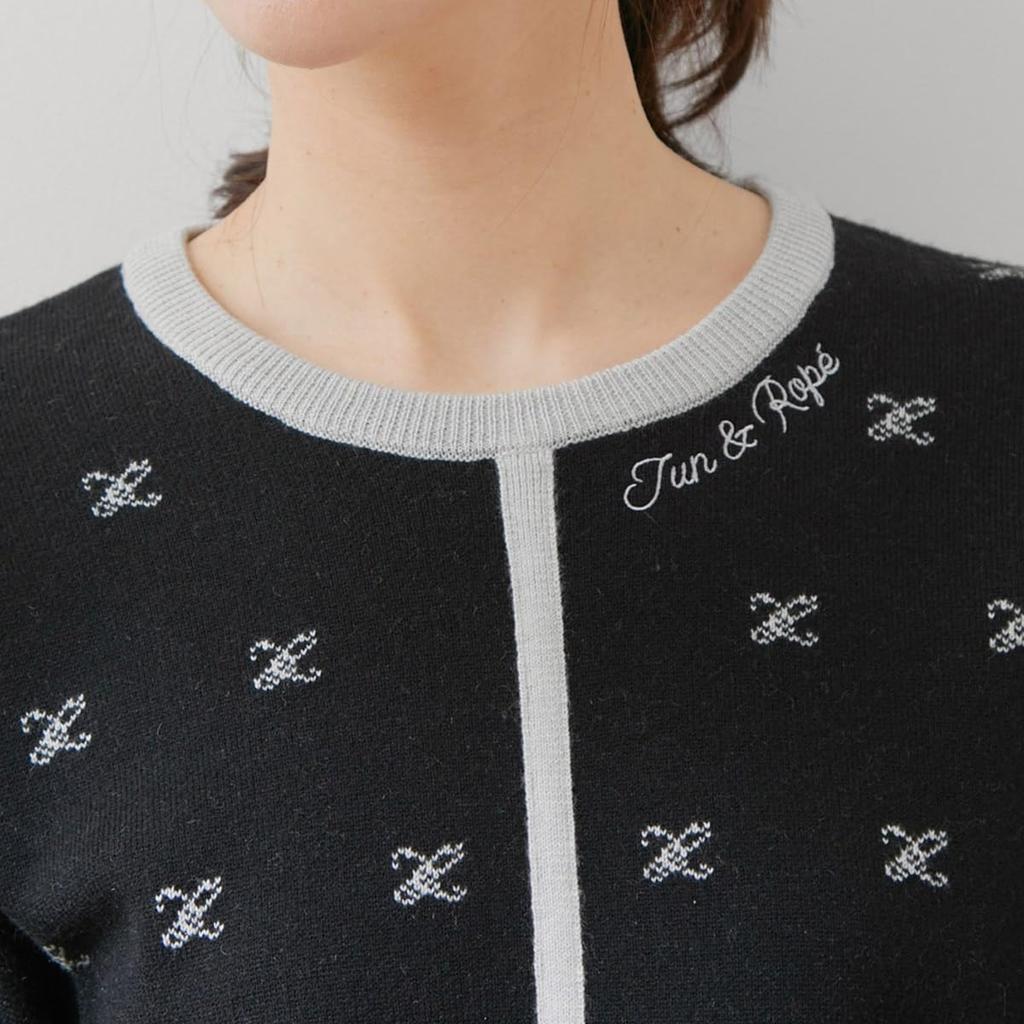 Knit Pullover Monogram Jacquard Puff Sleeve Pullover Cromain [June Andrope] [Set-up Compatible] Women's (01)