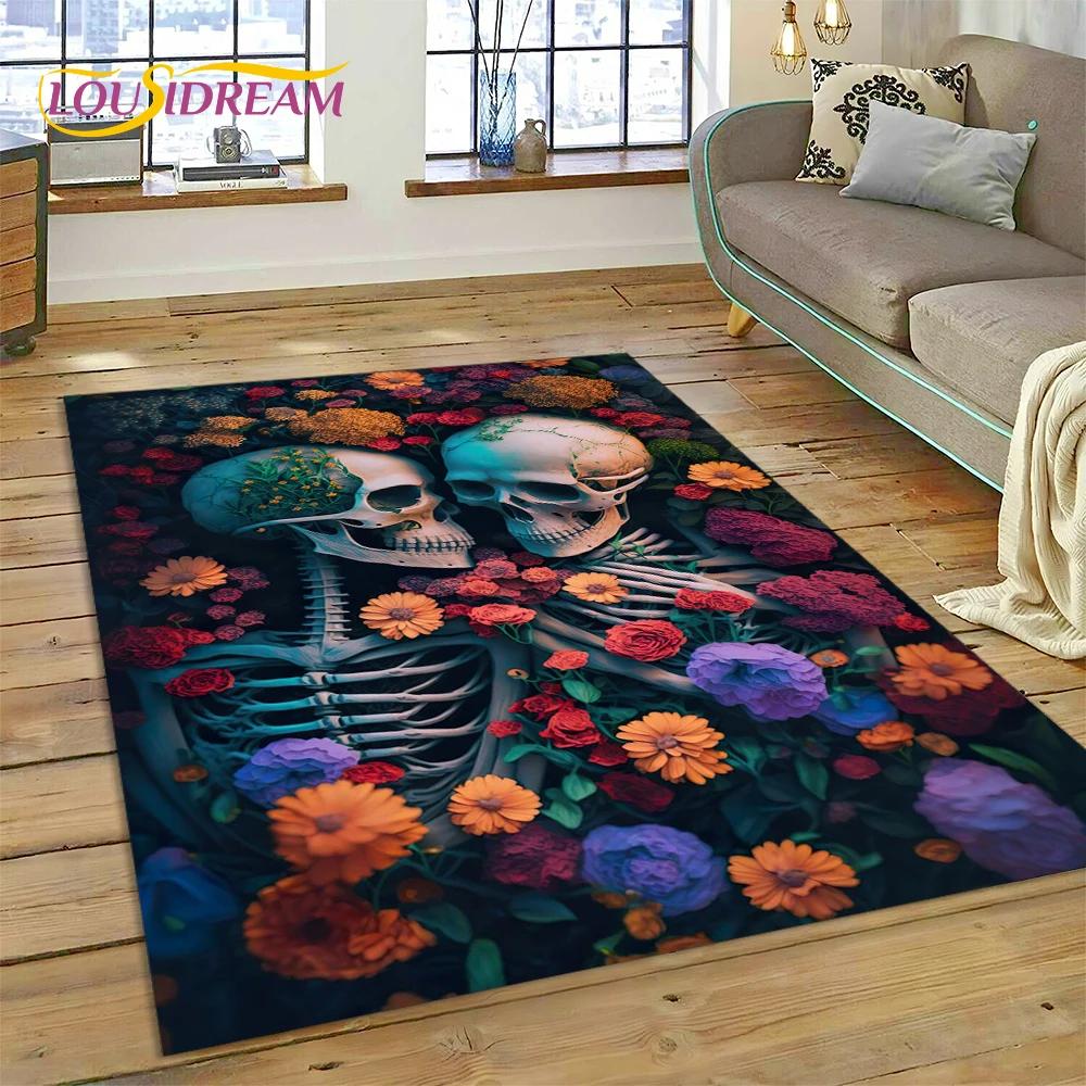 Cartoon Horrible Gothic Skull Flowers Carpet Rug for Home Living Room Bedroom Sofa Doormat Decor,Kid Area Rug Non-slip Floor Mat