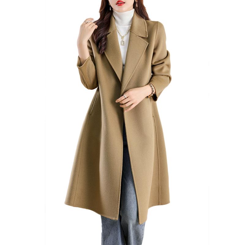 2025 Winter Women's Korean Style Mid-Length Belted Woolen Cashmere Coat