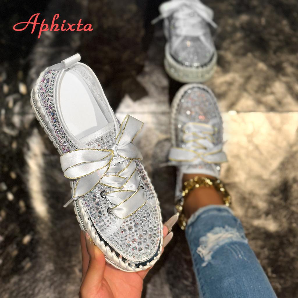 Fashion Aphixta Flat With Women Loafers Bling Crystal Flats Lace Up Design Casual Shoes Silver 3cm Heels Luxury Size 44 Ladies Shoes