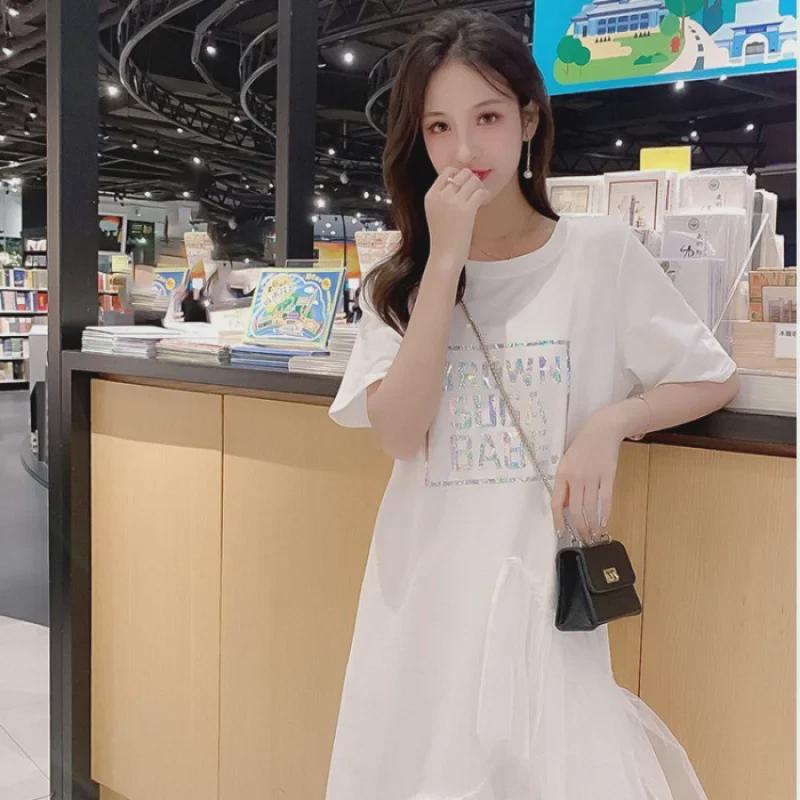 2025 Trendy Summer Mesh Letter T-shirt Dress with Puffy Fairy Skirt
