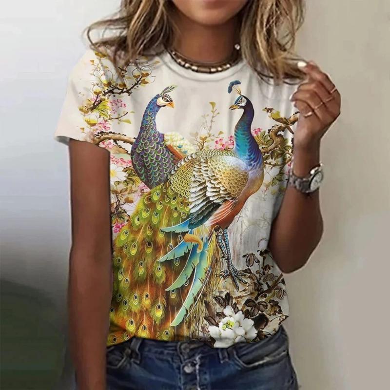 Peacock T-Shirts Animal Women Fashion O-Neck Short Sleeve T Shirt Y2k Harajuku Oversized Tees Tops Female Clothing