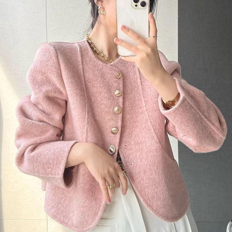 Women Wool Coat Single Breasted Round Neck Design Fashion Winter Trench Jacket
