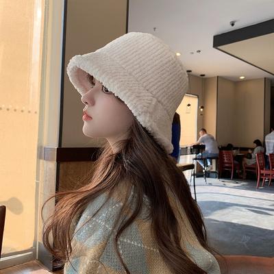 Lammplüsch Bucket Hat Damen warmes Gesicht kleine Mütze Damen Herbst und Winter vielseitig einfarbig Beckenhut
