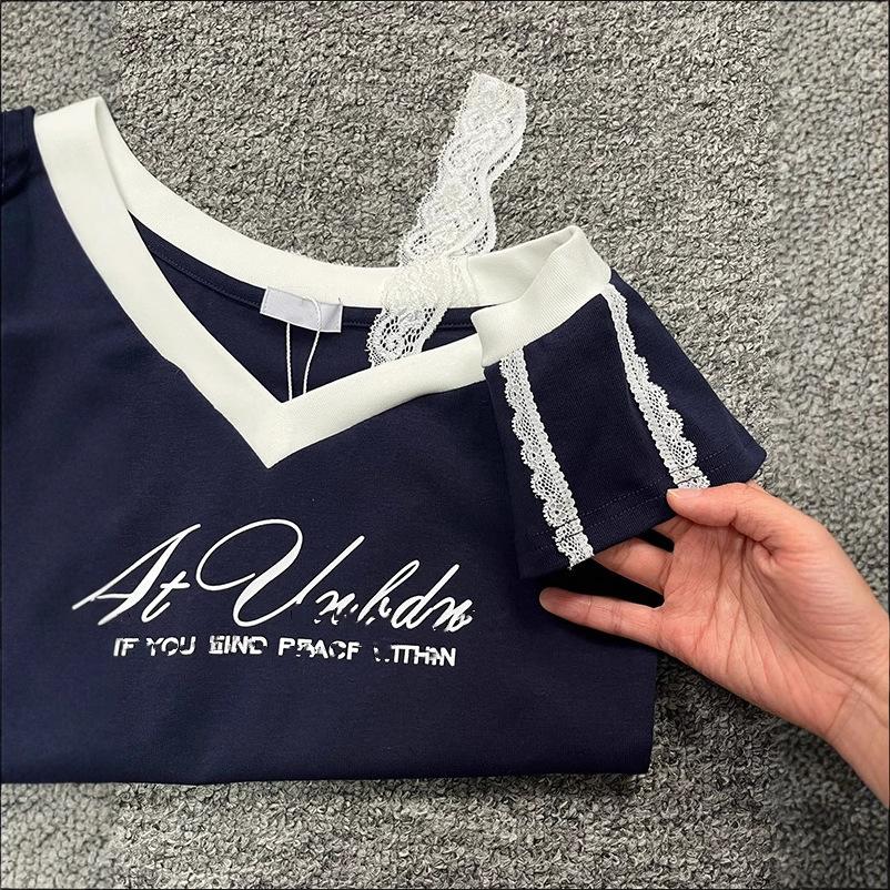 Millennium Style Gothic Taillen-Spleißspitze Träger Kurzarm T-Shirt für Damen Sommer Marineblau Slim Fit Top