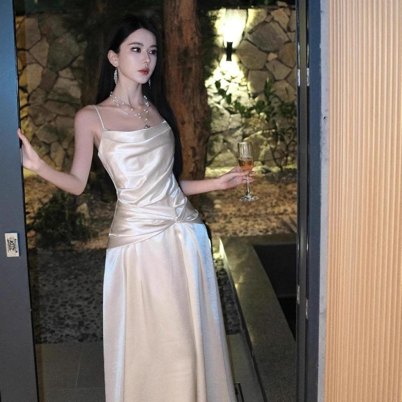 

French Satin White Engagement Certificate Registration Suspender Dress Women s Pleated Temperament Irregular Birthday Dress L