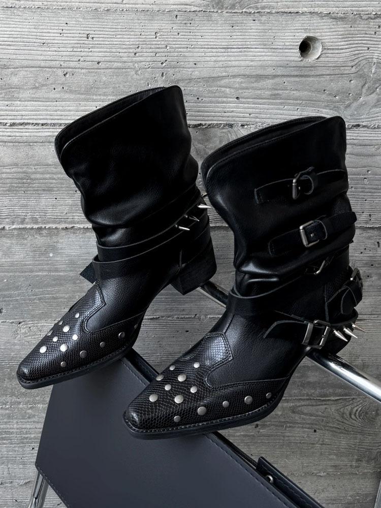 

Sheepskin version~ Black boots women s autumn and winter high heels, thin heels, pointed rivets, straps but knee-high knight boots 40