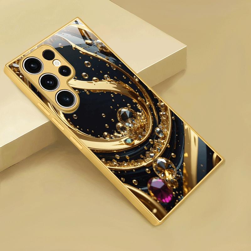 Gold-plated tempered glass phone case compatible Galaxy S26 S25 S24 S23 S22 Ultra Plus. Features a streamlined gold design.