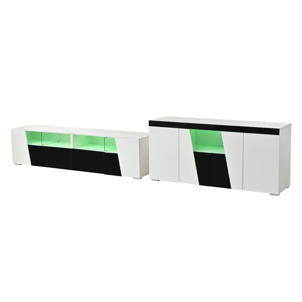 TV cabinet and side cabinet combination, 180*38.5*45cm high-gloss, LED lighting, lowboard, 140 x 40 x 65 cm, living room sideboard, black-white
