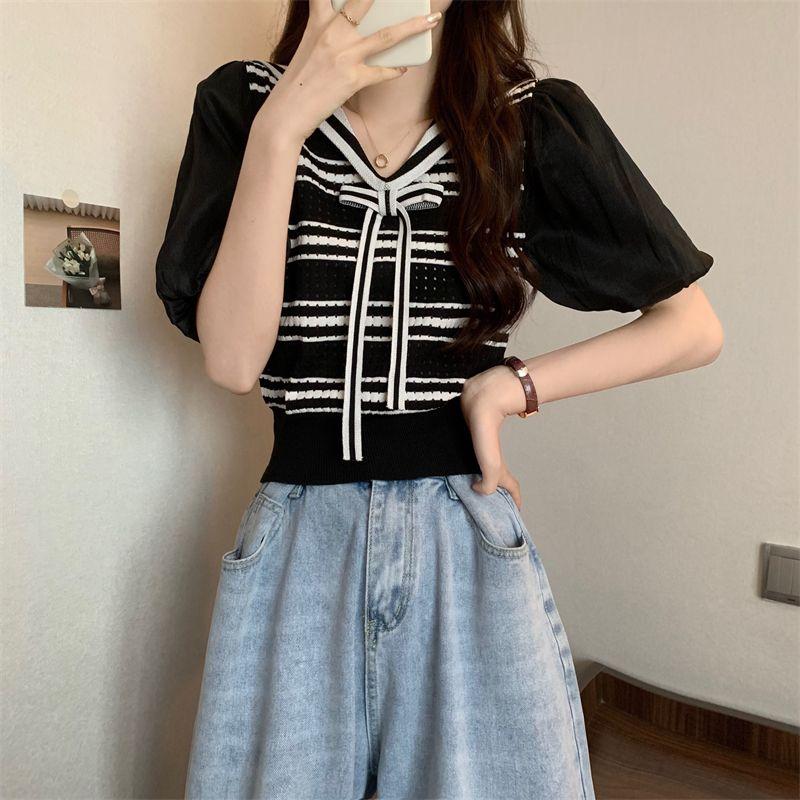 Summer Korean Academy Style Navy Collar Bubble Short Sleeve Slimming Striped Knitted Shirt Top for Women