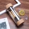 300ml 400ml Travel Glass Water Bottle with Stainless Steel Tea Infuser Filter Double Wall Glass Sport Water Tumbler Bamboo Lid