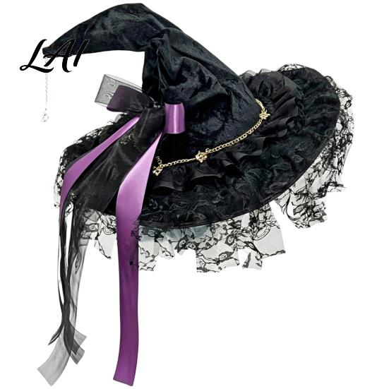 Halloween Night Decorations Witch Hat for Women Lace Wizard with Ribbon Bow Black Party Mesh Veil Costume Accessory Adults Fancy Dress Cosplay