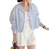 Women's Striped Button Down Shirts Drawstring Hooded Long Sleeve Cardigan Summer Sun