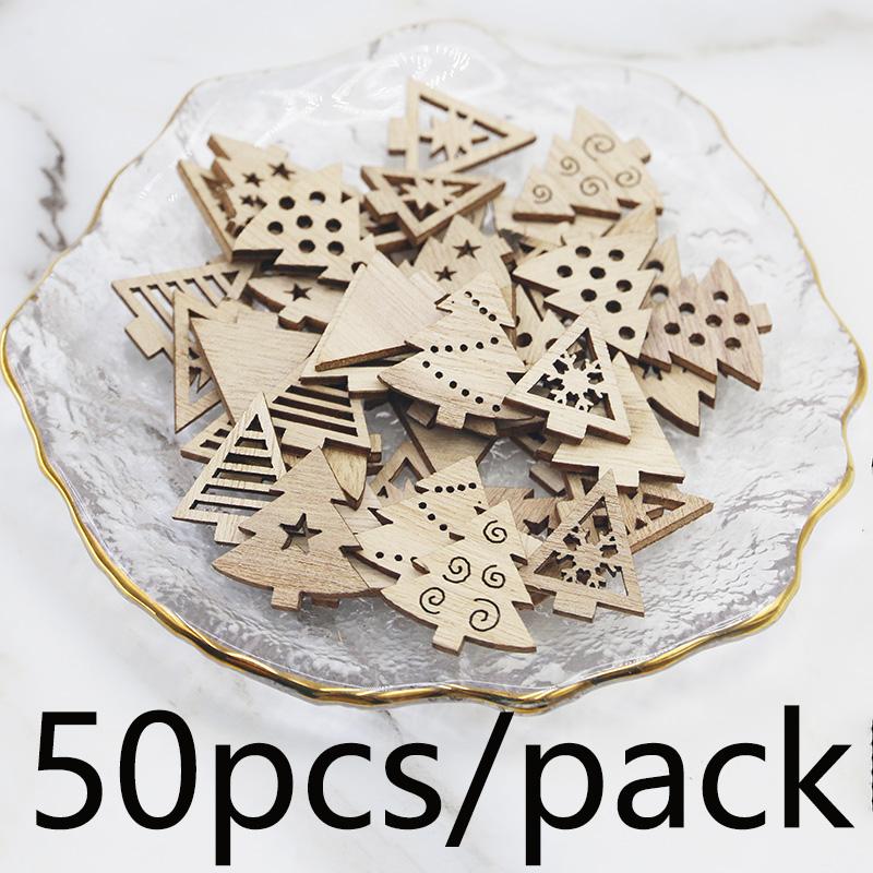 

(50 Pcs/pack) 2.5cm Christmas Tree Piece Decoration Christmas New Year Party Creative Cartoon Handmade Hanging Wooden Piece DIY 25mm