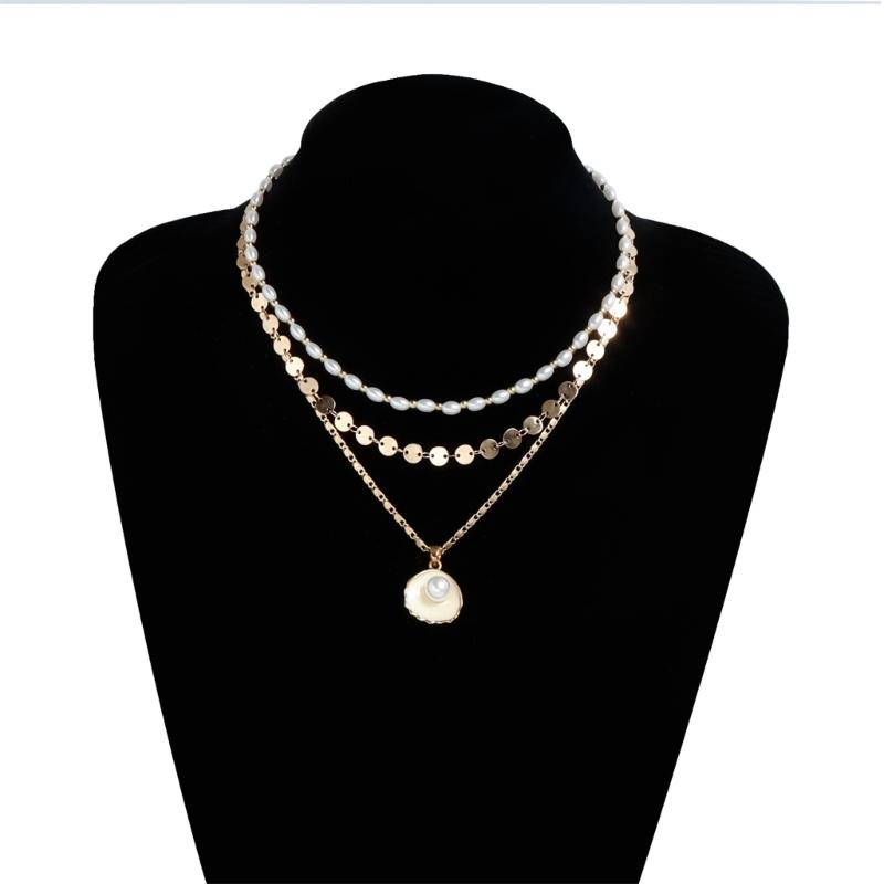 Layering Imitation Pearls Shell Pendant Necklace Neckchain With Geometric Alloy Charm Versatile Jewelry Accessory