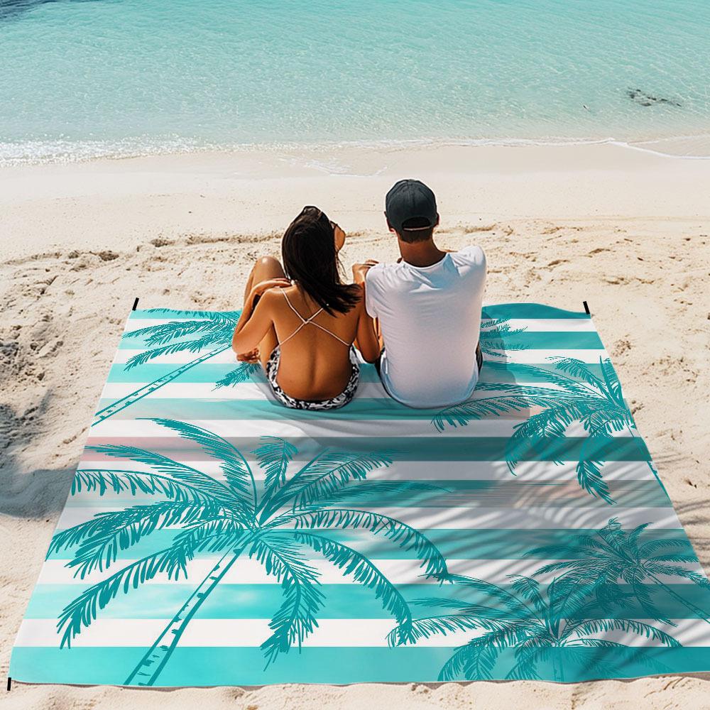 

Teal Striped Palm Tree Beach Towel Extra Large Quick Dry Microfiber Sand Free for Pool Travel Camping Washable W30*H60(CM)