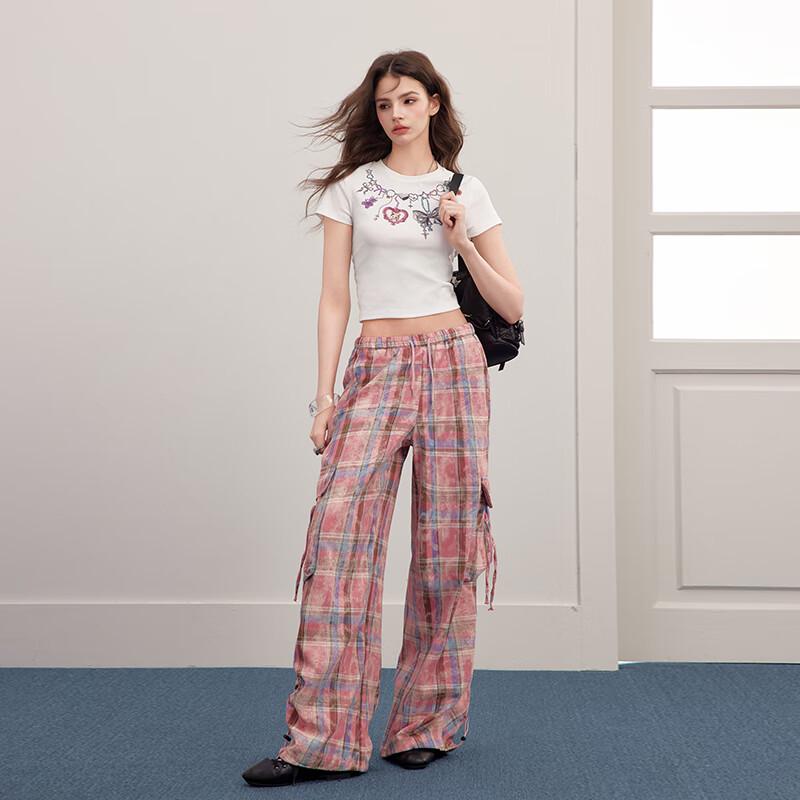 UNIFREE Pink Plaid Distressed Two-Way Cargo Pants