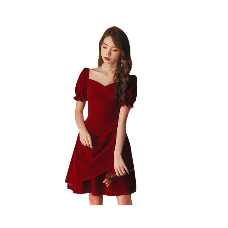 Toast Clothes Bridal Small Dress Dress Wedding Can Usually Wear Back Burgundy Dress Spring and Summer