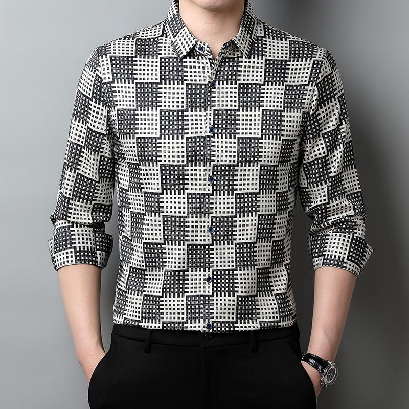 Men's Spring and Autumn Plaid Button Lapel Contrast Color Long Sleeve Business Casual Fashion Top